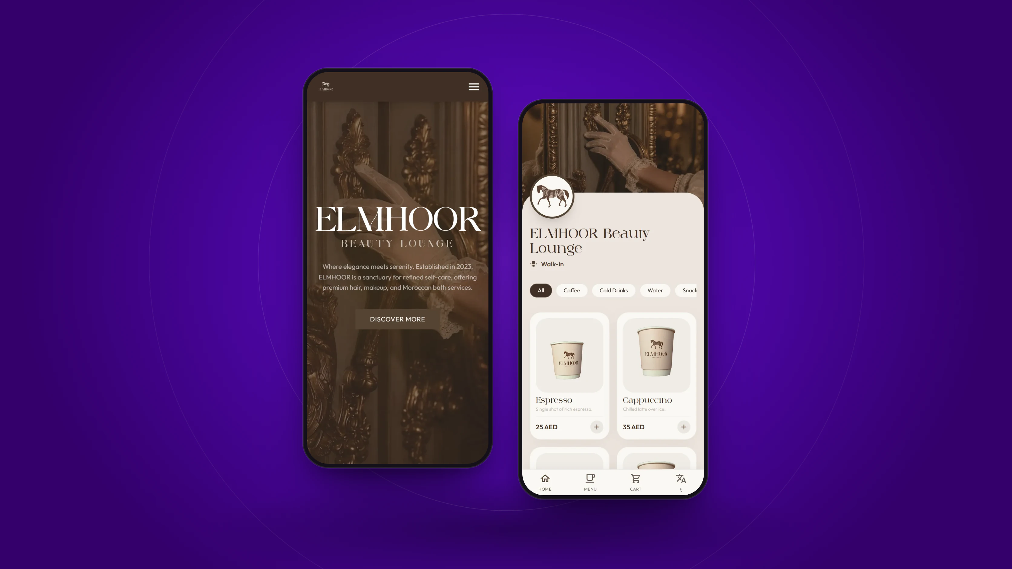 Elmhoor’s website (elmhoor.ae) and its online ordering menu (order.elmhoor.ae) on two phones.